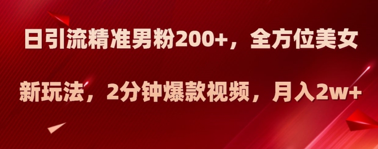 日引流精准男粉200+，全方位美女新玩法，2分钟爆款视频，月入2w+【揭秘】-飓风网创资源站