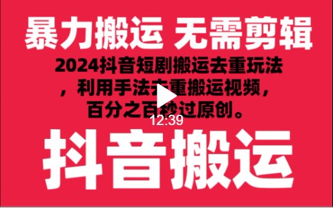 2024最新抖音搬运技术，抖音短剧视频去重，手法搬运，利用工具去重，秒过原创！-飓风网创资源站