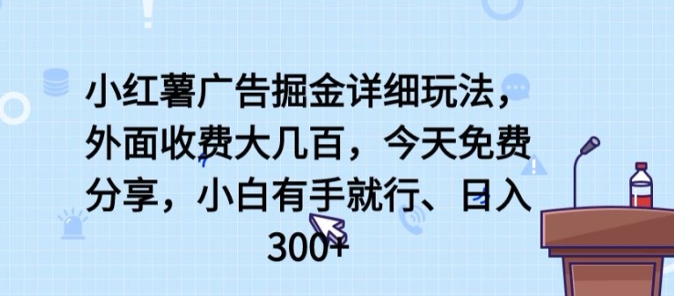 小红薯广告掘金详细玩法，外面收费大几百，小白有手就行，日入300+-飓风网创资源站