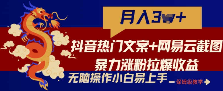 抖音热门文案+网易云截图暴力涨粉拉爆收益玩法，小白无脑操作，简单易上手-飓风网创资源站