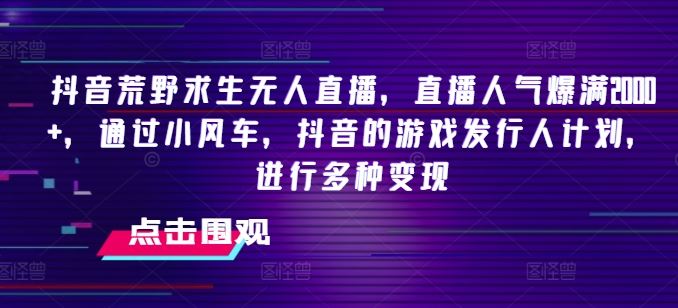 抖音荒野求生无人直播，直播人气爆满2000+，通过小风车，抖音的游戏发行人计划，进行多种变现【揭秘】-飓风网创资源站