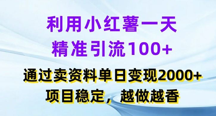 利用小红书一天精准引流100+，通过卖项目单日变现2k+，项目稳定，越做越香【揭秘】-飓风网创资源站