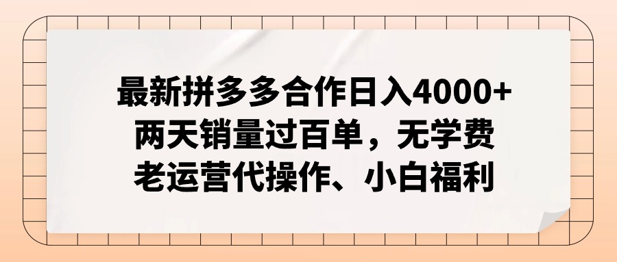 （12869期）拼多多最新合作日入4000+两天销量过百单，无学费、老运营代操作、小白福利-飓风网创资源站