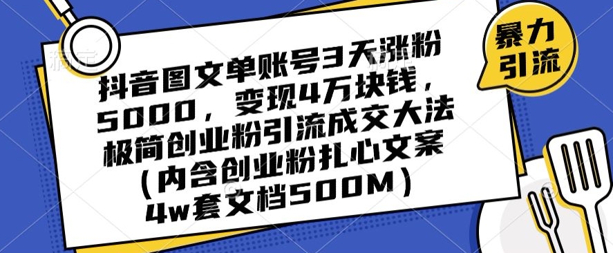 抖音图文单账号3天涨粉5000，变现4万块钱，极简创业粉引流成交大法-有道网创