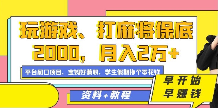 玩游戏、打麻将保底2000，月入2万+，平台风口项目-花生资源网