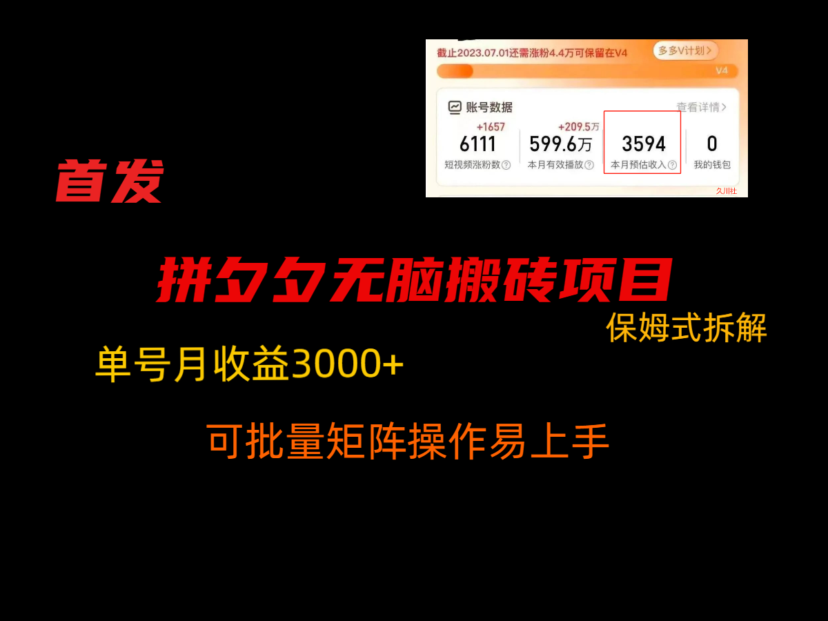 拼夕夕无脑搬砖，单号稳定收益3000+，保姆式拆解-启航188资源站